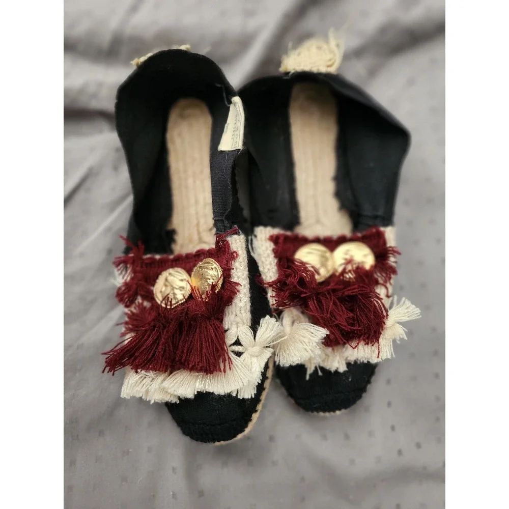 Ergon Mykonos Espadrilles Black Canvas Fringe Gold Coin Flats Spain Size 37 US 7